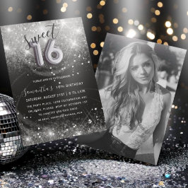 Sweet 16 Silver Glitzer & Black Birthday Party Einladung