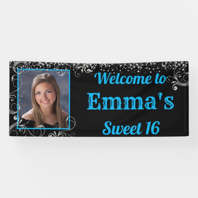 Sweet 16 Silver Glitzer Confetti Sparkle Banner (Horizontal)