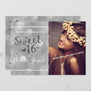 SWEET 16 Silver Glitzer Party Foto Einladung