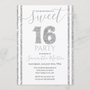 Sweet 16 Silver Imitats Glitzer gestreift Geburtst Einladung