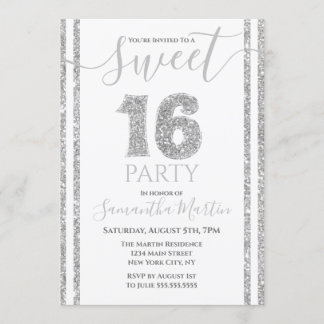 Sweet 16 Silver Imitats Glitzer gestreift Geburtst Einladung