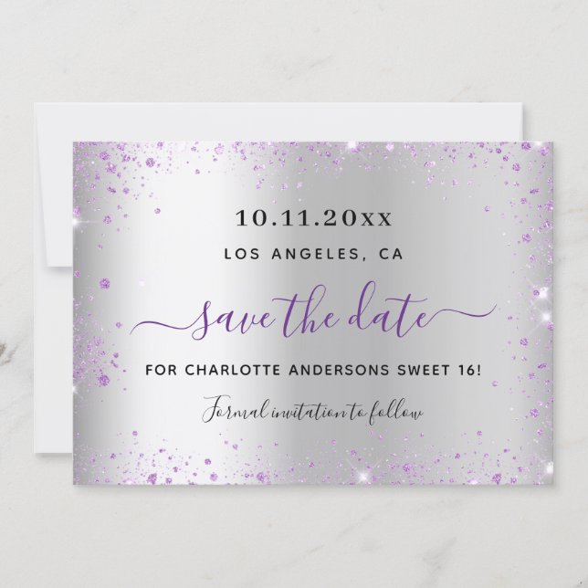Sweet 16 silver lavender save the date card (Vorderseite)
