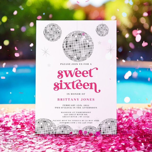 Sweet 16 Silver Retro Disco PINK Glitzer Einladung (Von Creator hochgeladen)