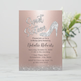 Sweet 16 Silver & Rose Gold Glitzer Girl Birthday Einladung