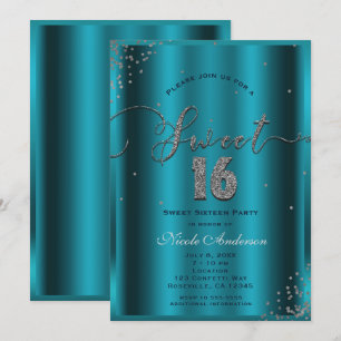 SWEET 16 Sixteen Aqua Blau Silber Konfetti Ecken Einladung