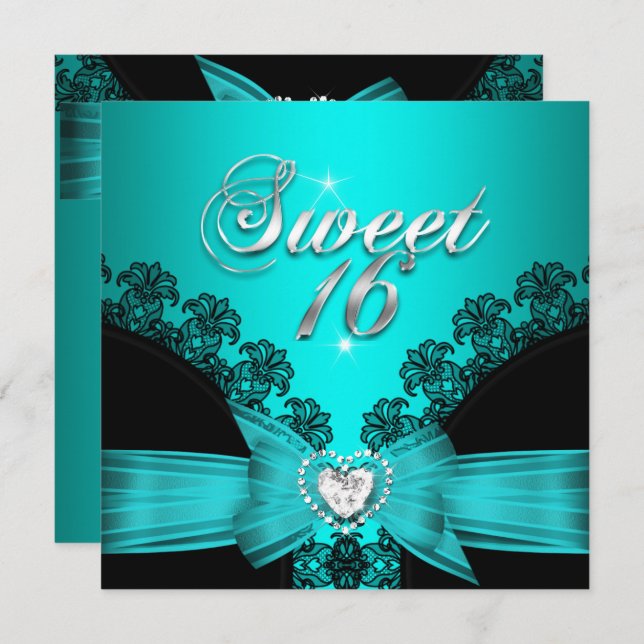 Sweet 16 Sixteen Aqua Blue Black Lace Einladung (Vorne/Hinten)