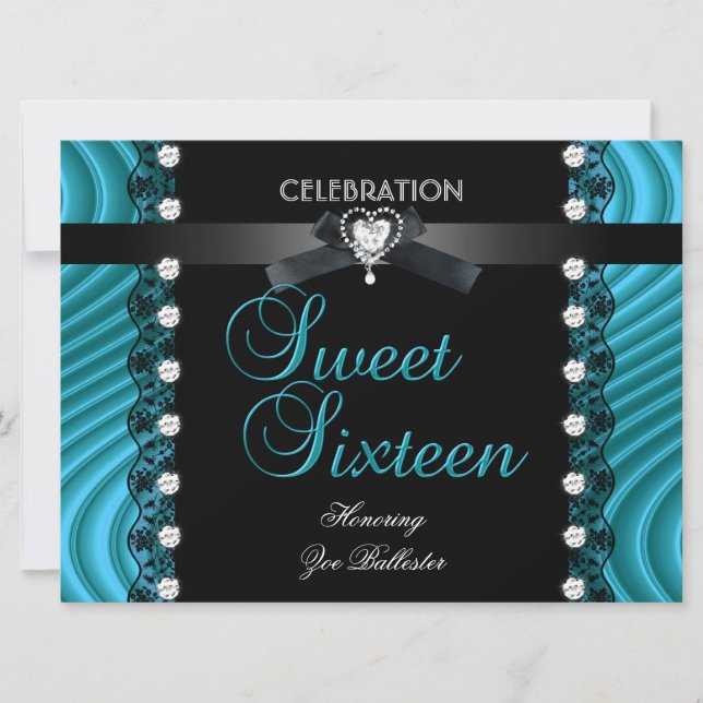 Sweet 16 Sixteen Black Aquamarin Blue White Lace Einladung (Vorderseite)