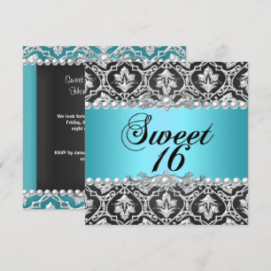 Sweet 16 Sixteen Blue Aquamarin Aqua Black Silver Einladung