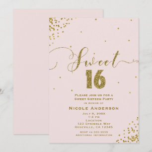 SWEET 16 Sixteen Blush Pink & Gold Confetti Corner Einladung