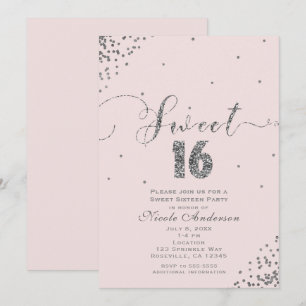 SWEET 16 Sixteen Blush Rosa Silber Konfetti Ecke Einladung