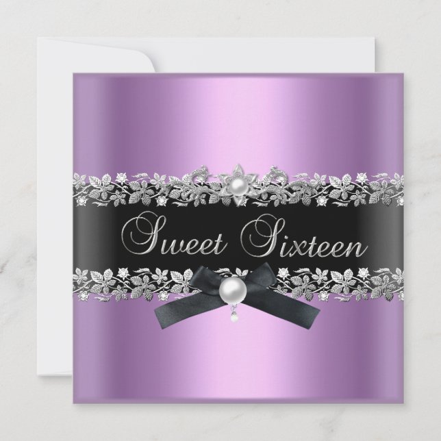 Sweet 16 Sixteen Lilac Pink Black Silver Floral Einladung (Vorderseite)