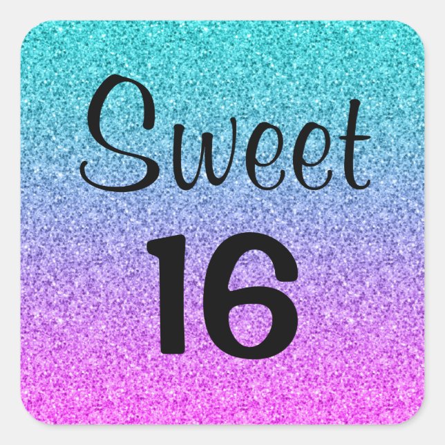 Sweet 16 Sixteen Ombre Pink Blue Lila Glitzer Quadratischer Aufkleber (Vorderseite)