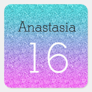 Sweet 16 Sixteen Ombre Pink Blue Lila Glitzer Quadratischer Aufkleber