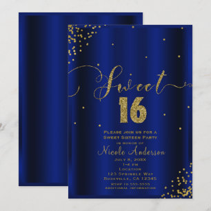 SWEET 16 Sixteen Royalblaue Goldkonfetti-Ecken Einladung
