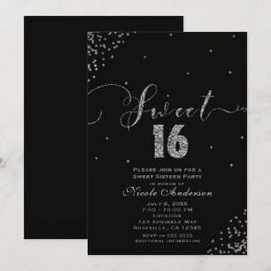 SWEET 16 Sixteen Schwarz & Silber Konfetti-Ecke Einladung