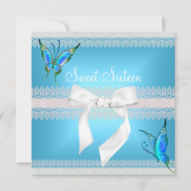Sweet 16 Sixteen White Lace Aquamarin Blue Butterf Einladung (Vorderseite)