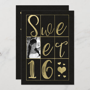 SWEET 16 SIXZEHEN Gold & Black Hearts Foto Einladung