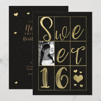 SWEET 16 SIXZEHEN Gold & Black Hearts Foto Einladung