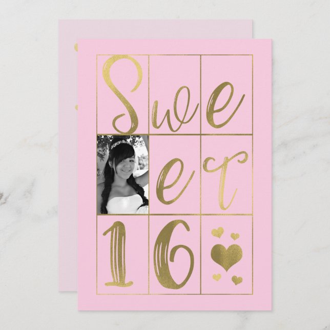 SWEET 16 SIXZEHEN Gold & Blush Pink Hearts Foto Einladung (Vorne/Hinten)
