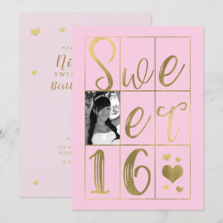 SWEET 16 SIXZEHEN Gold & Blush Pink Hearts Foto Einladung