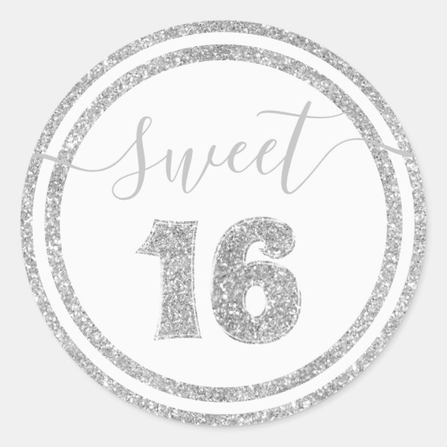 Sweet 16 Sliver Imitate Glitzer gestreift Geburtst Runder Aufkleber (Vorderseite)