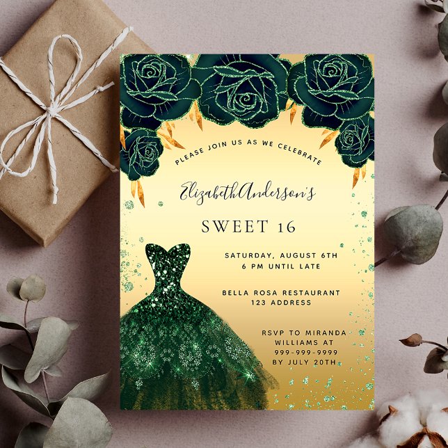 Sweet 16 Smaragdgrün goldenes Kleid floral Einladung (Von Creator hochgeladen)