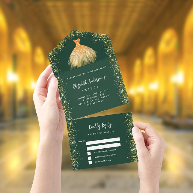 Sweet 16 Smaragdgrün goldfarbenes Kleid Glitzer UA All In One Einladung (Von Creator hochgeladen)