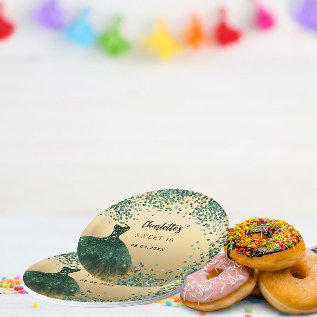 Sweet 16 Smaragdgrün Kleid Gold Pappteller (Von Creator hochgeladen)