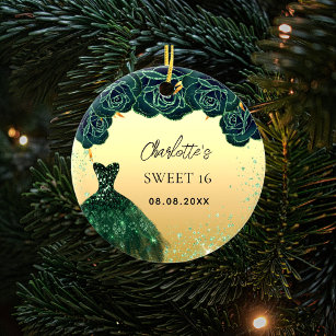Sweet 16 smaragdgrünes Goldkleid Keramik Ornament