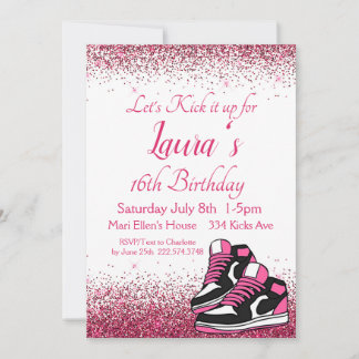 Sweet 16, Sneaker Geburtstag, Rosa Glitzer Einladung