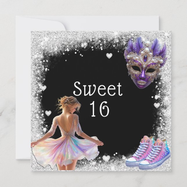 Sweet 16 Sneakers Silver Glitzer Mardi Gras Einladung (Vorderseite)