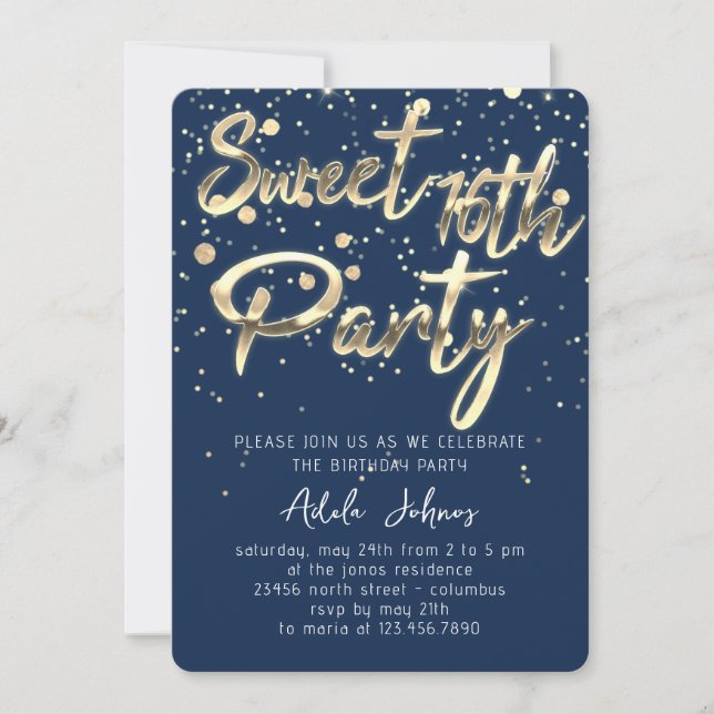 Sweet 16. Sofort Download Smoky Blue Navy Gold Einladung (Vorderseite)