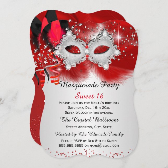Sweet 16 Spitzenmaske Red Silver Masquerade Einladung (Vorne/Hinten)