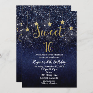 Sweet 16 Starry Night Gold Blue Sparkle Sky Party Einladung