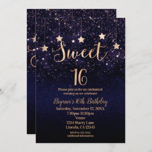 Sweet 16 Starry Night Gold Lila Sparkle Party Einladung