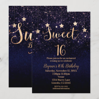 Sweet 16 Starry Night Gold Lila Sparkle Party Einladung