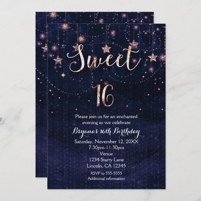 Sweet 16 Starry Night Lila & Gold Einladung (Vorne/Hinten)