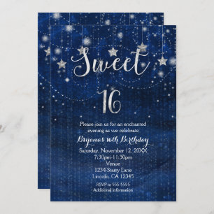 Sweet 16 Starry Night Silver & Blue Einladung