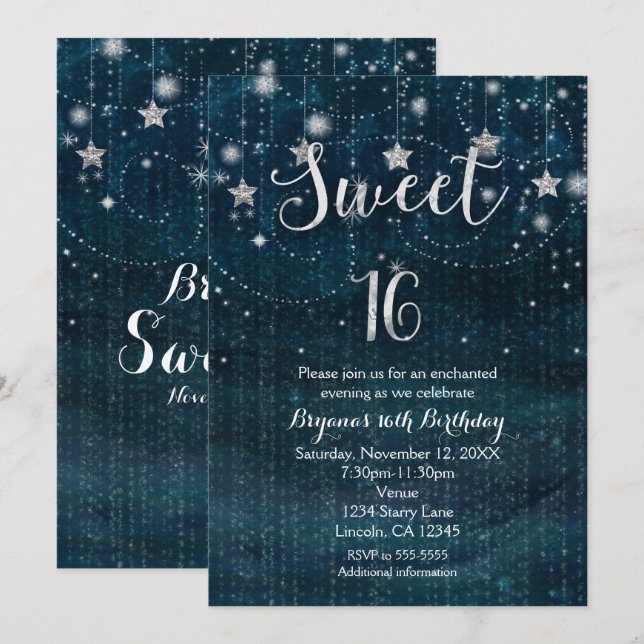 Sweet 16 Starry Night Silver & Blue Einladung (Vorne/Hinten)