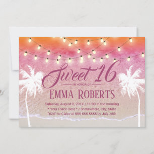 Sweet 16 String Lights Pink Beach Palm Trees Einladung