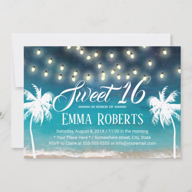 Sweet 16 String Lights Summer Beach Palm Trees Einladung (Vorderseite)