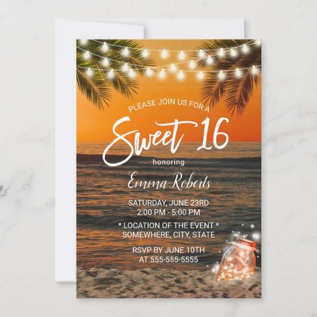 Sweet 16 Summer Sunset Beach Glow Mason Jar Einladung (Vorderseite)