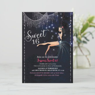 Sweet 16 Swing Girl With Silver Disco Glitter Einladung