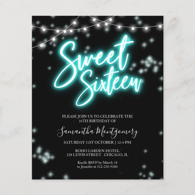 Sweet 16 Tage Aquamarin Neon Glow Budget Einladung (Vorderseite)