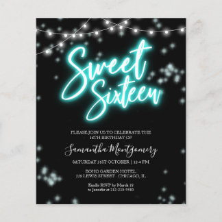Sweet 16 Tage Aquamarin Neon Glow Budget Einladung