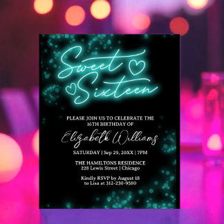 Sweet 16 Tage Aquamarin Neon Glow Budget Einladung