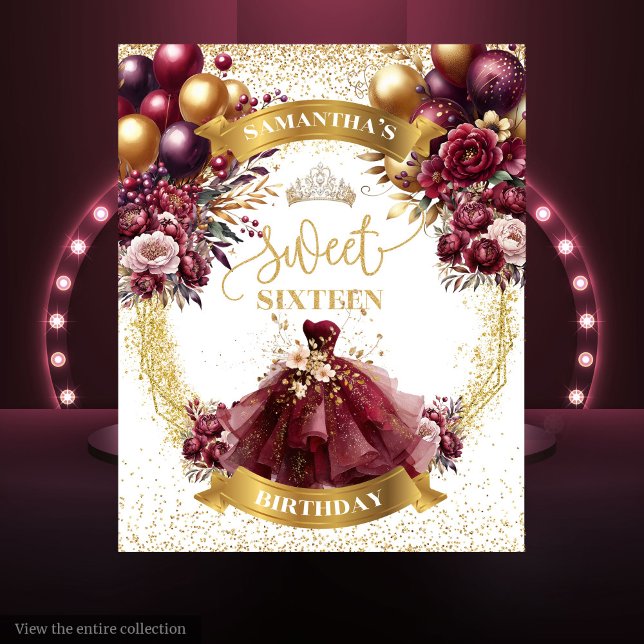Sweet 16 Tapestry Burgundy Gold Glitzer Balloons Wandteppich (Sweet 16 Tapestry Burgundy Gold Glitter Balloons)