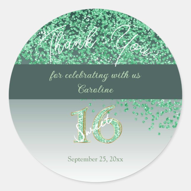 Sweet 16 Thank You Falling Green Glitter Runder Aufkleber (Vorderseite)