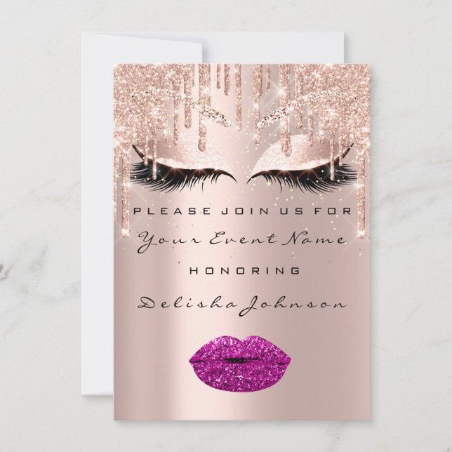 Sweet 16. Tropfen Glitzer Bridal Makeup Lila Lips Einladung (Vorderseite)