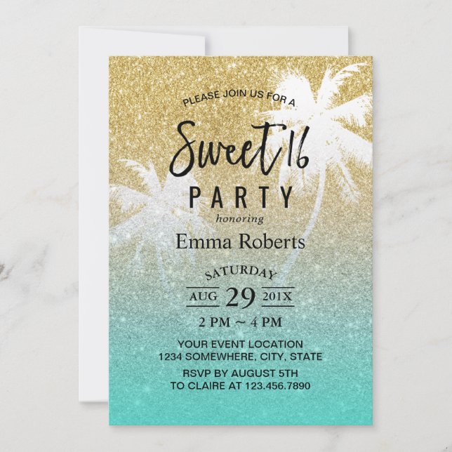Sweet 16 Tropical Beach Palm Tree Modernes Gold Einladung (Vorderseite)